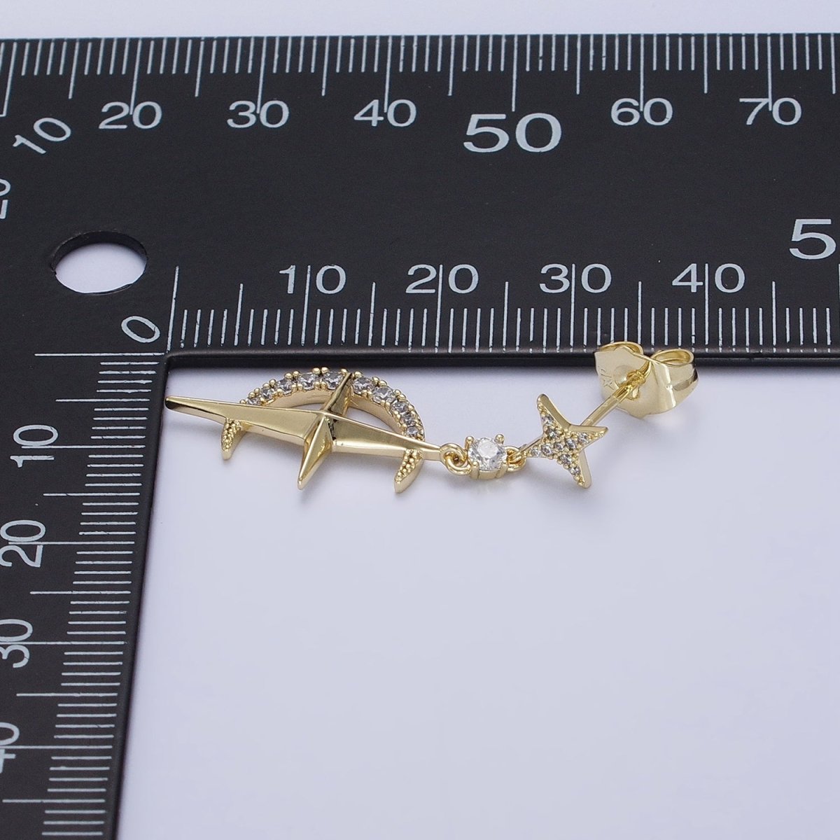 14K Gold Filled Celestial Crescent Moon Stars Micro Paved CZ Drop Stud Earrings Set | AD1469