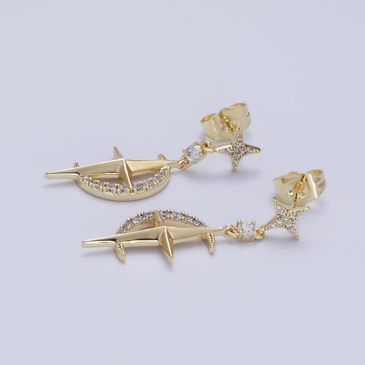 14K Gold Filled Celestial Crescent Moon Stars Micro Paved CZ Drop Stud Earrings Set | AD1469