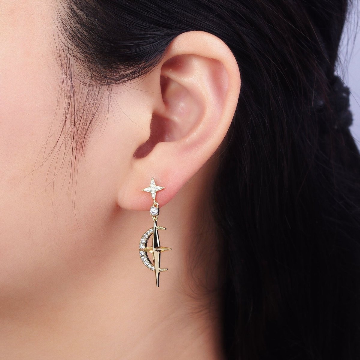 14K Gold Filled Celestial Crescent Moon Stars Micro Paved CZ Drop Stud Earrings Set | AD1469