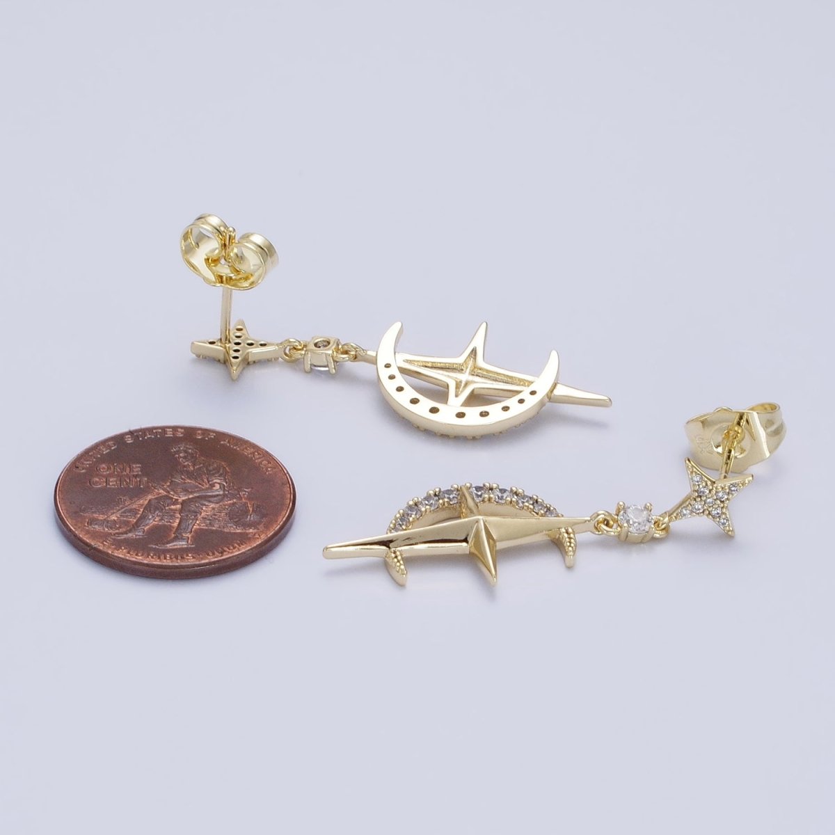 14K Gold Filled Celestial Crescent Moon Stars Micro Paved CZ Drop Stud Earrings Set | AD1469