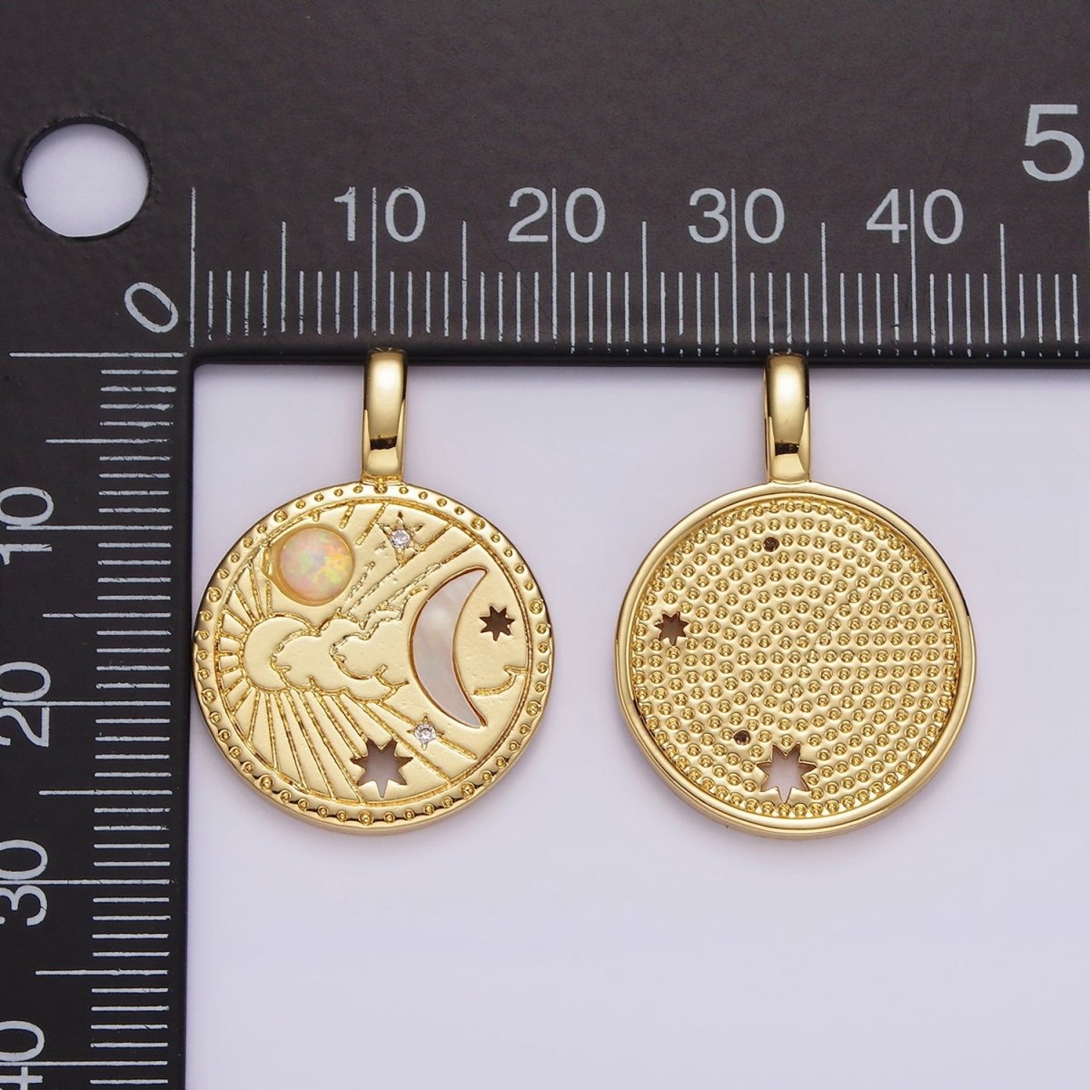 14K Gold Filled Celestial Sun Shell Pearl Crescent Moon CZ Open Star White Opal Round Charm | AH035