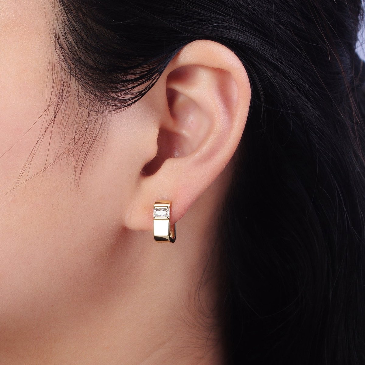 14K Gold Filled Clear Baguette CZ Wide U-Shaped Hoop Earrings | AB234