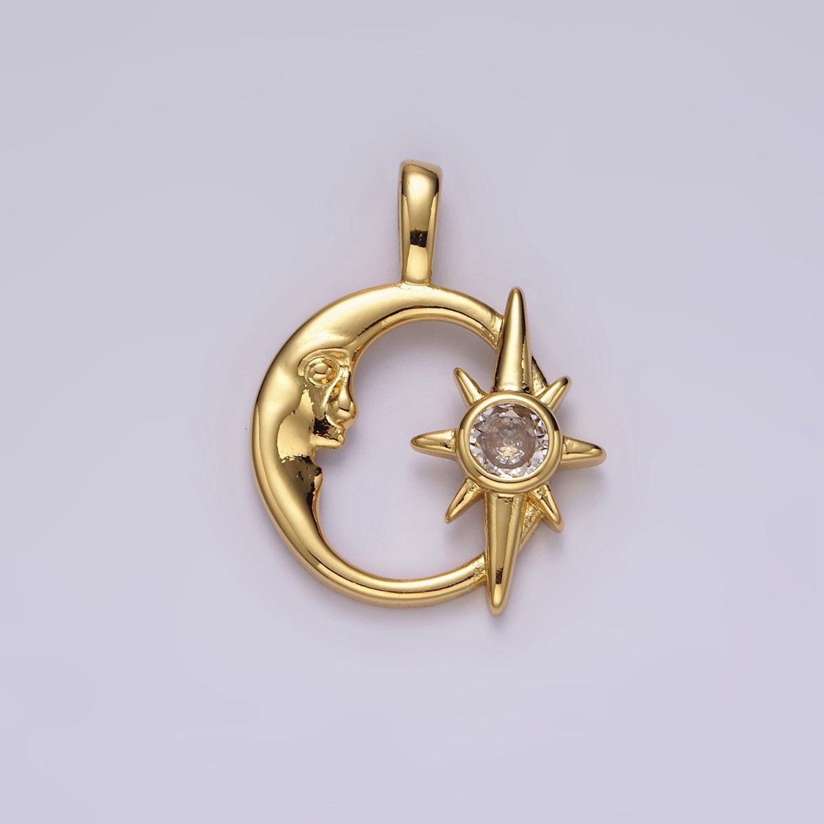 14K Gold Filled Clear CZ Celestial Star Crescent Moon Open Pendant | AA685