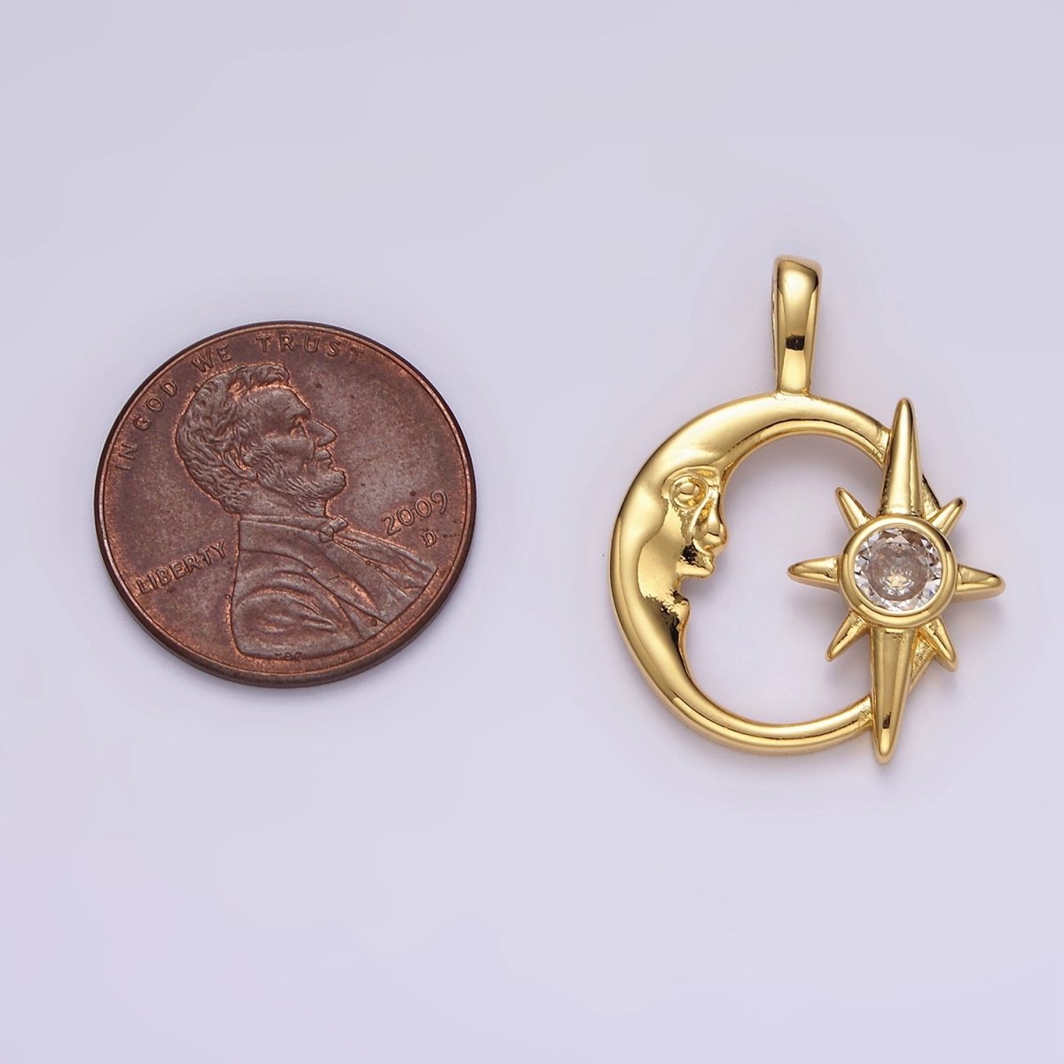 14K Gold Filled Clear CZ Celestial Star Crescent Moon Open Pendant | AA685