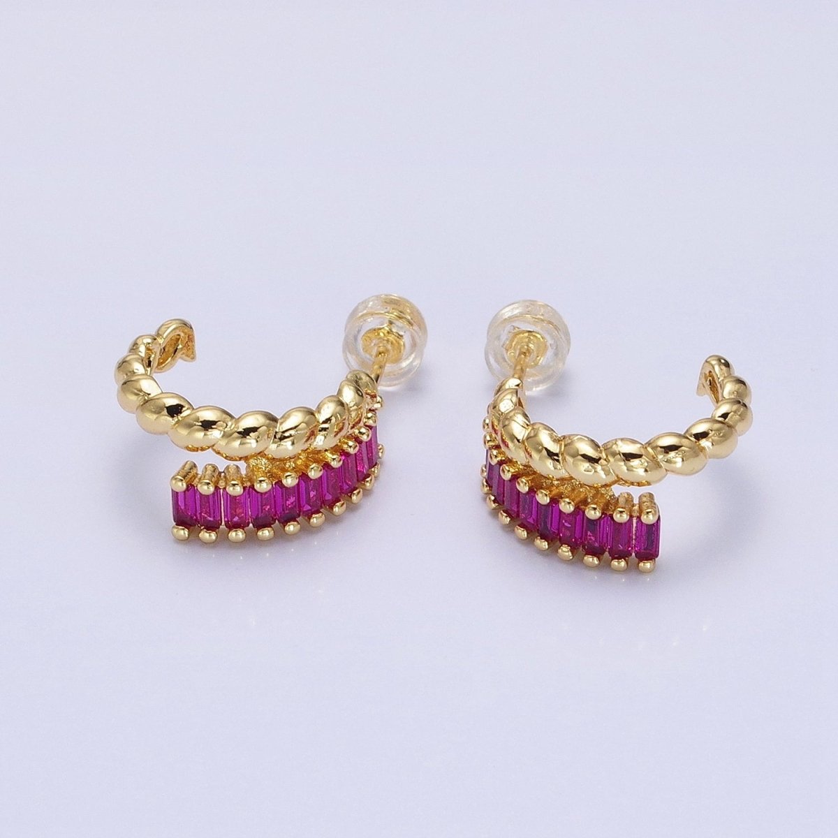 14K Gold Filled Clear, Fuchsia, Green Baguette Croissant Double Band C-Shaped Hoop Earrings in Gold & Silver | AB1508 - AB1513