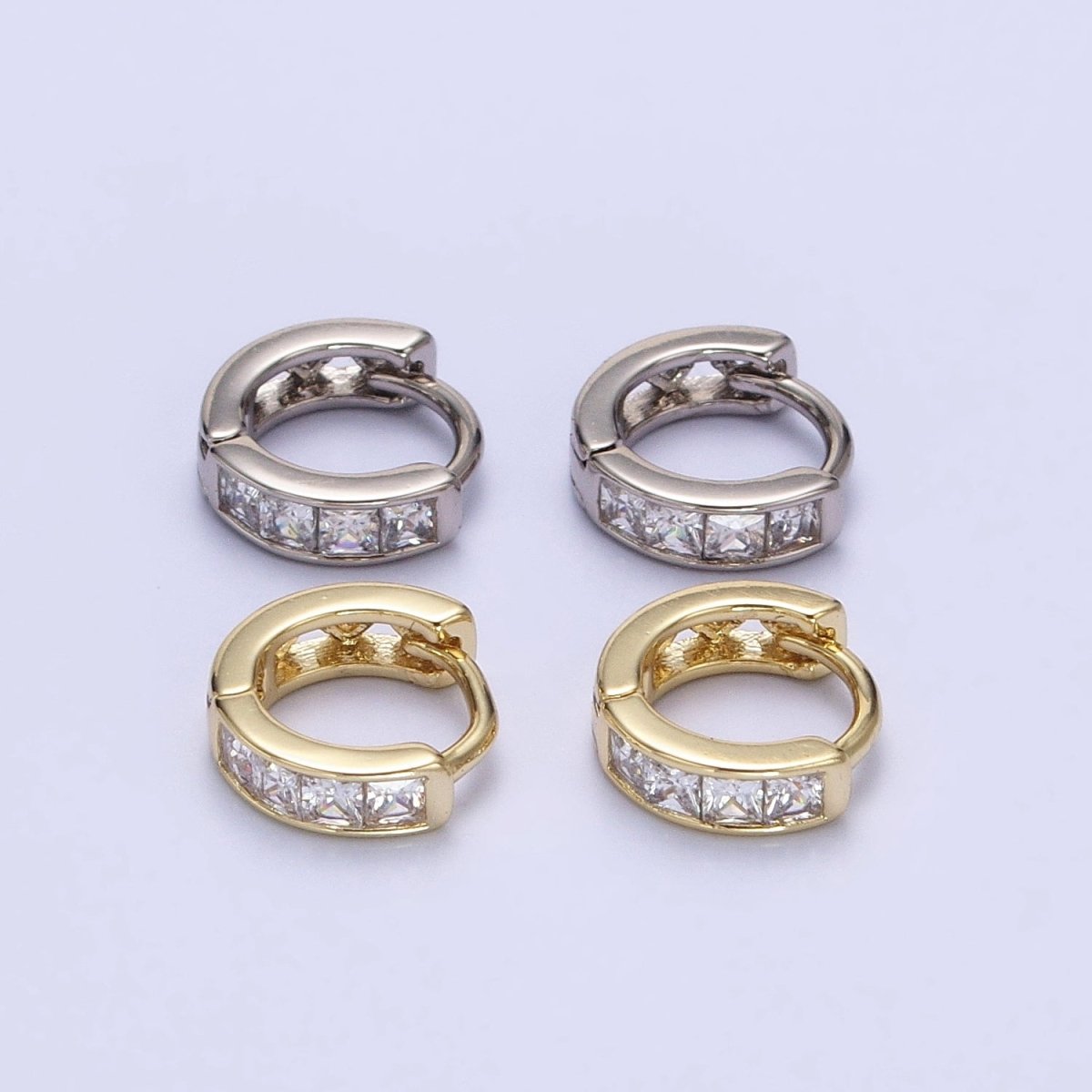 14K Gold Filled Clear Square CZ 10mm Cartilage Huggie Earrings in Gold & Silver | AD1325 AD1326