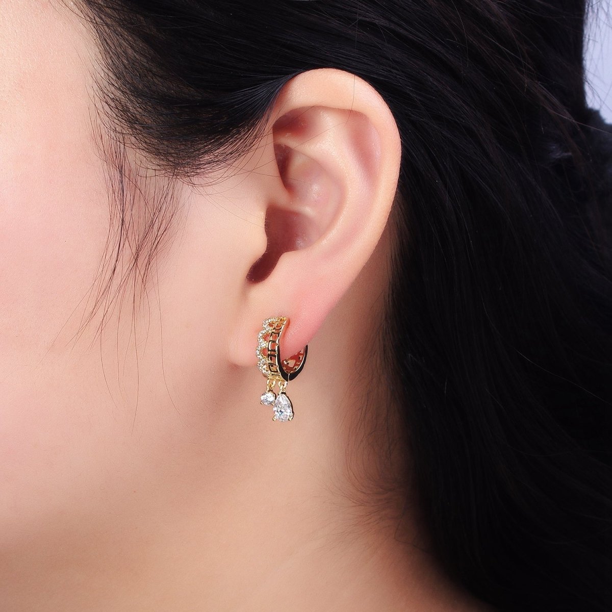 14K Gold Filled Clear Teardrop CZ Double Drop Geometric Boxy Rounded Micro Paved Huggie Earrings | AD1447