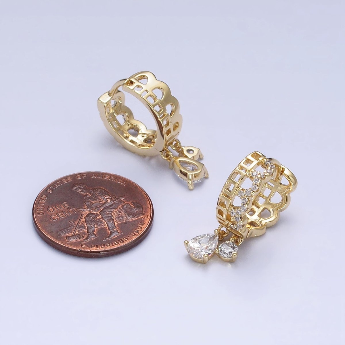 14K Gold Filled Clear Teardrop CZ Double Drop Geometric Boxy Rounded Micro Paved Huggie Earrings | AD1447
