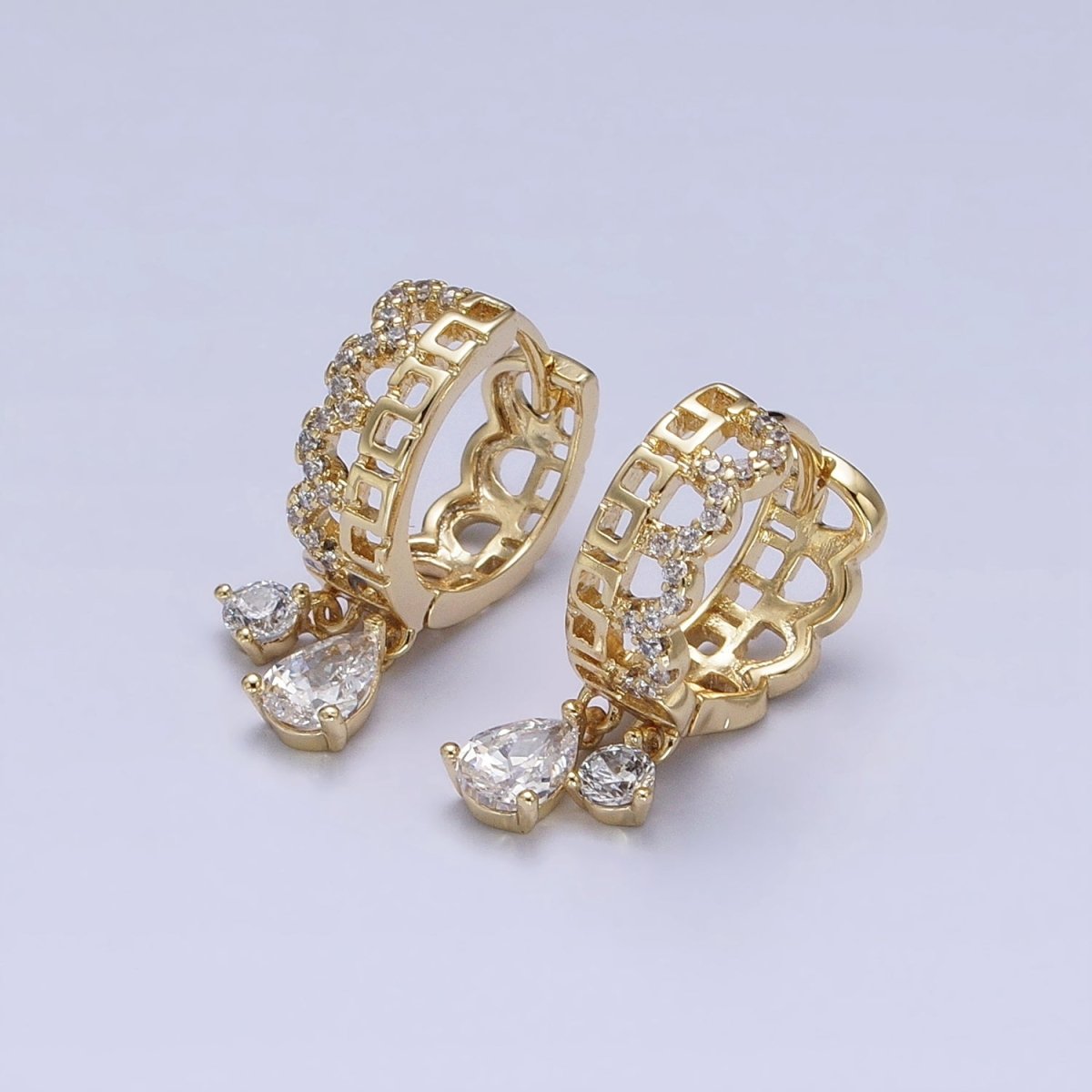 14K Gold Filled Clear Teardrop CZ Double Drop Geometric Boxy Rounded Micro Paved Huggie Earrings | AD1447
