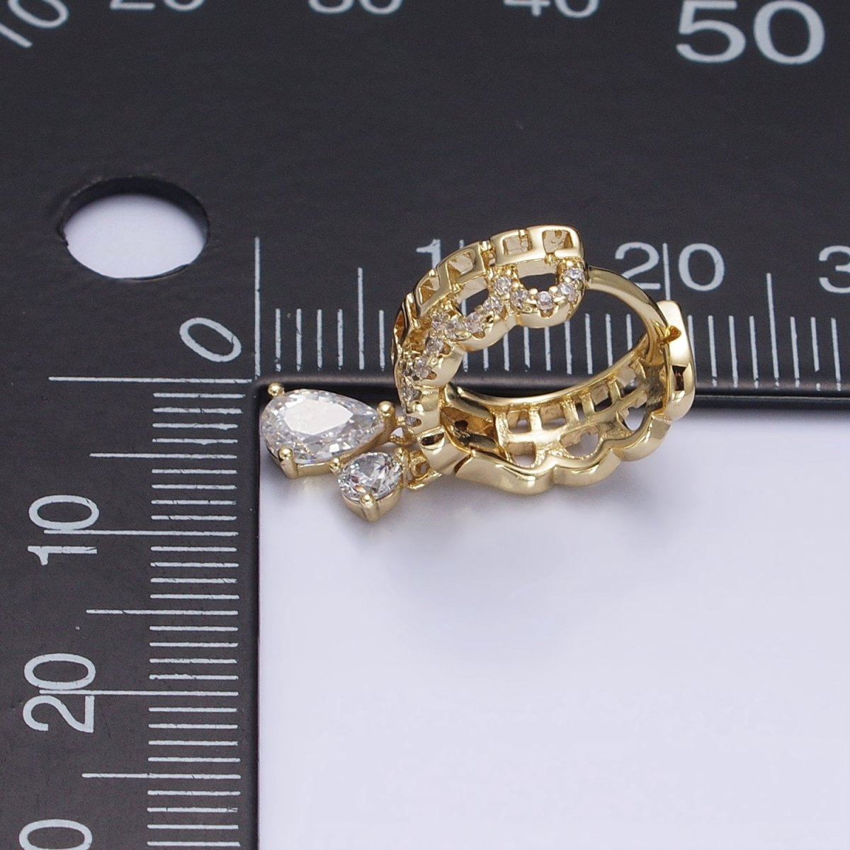14K Gold Filled Clear Teardrop CZ Double Drop Geometric Boxy Rounded Micro Paved Huggie Earrings | AD1447