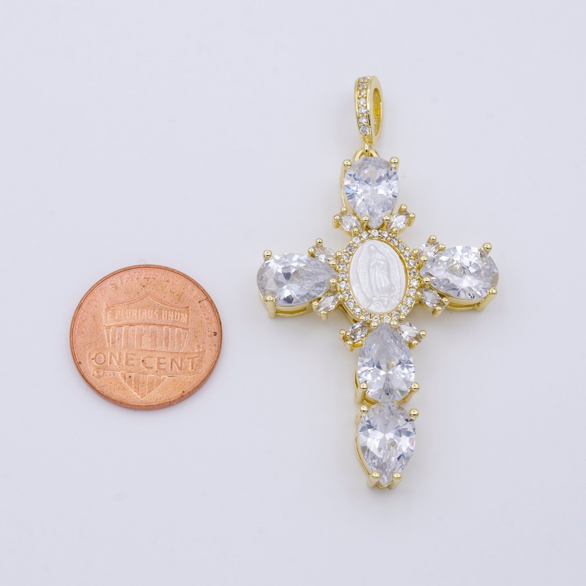 14K Gold Filled Cross Teardrop CZ Mother of Pearl Lady Guadalupe Mary Statement Pendant | AA-757
