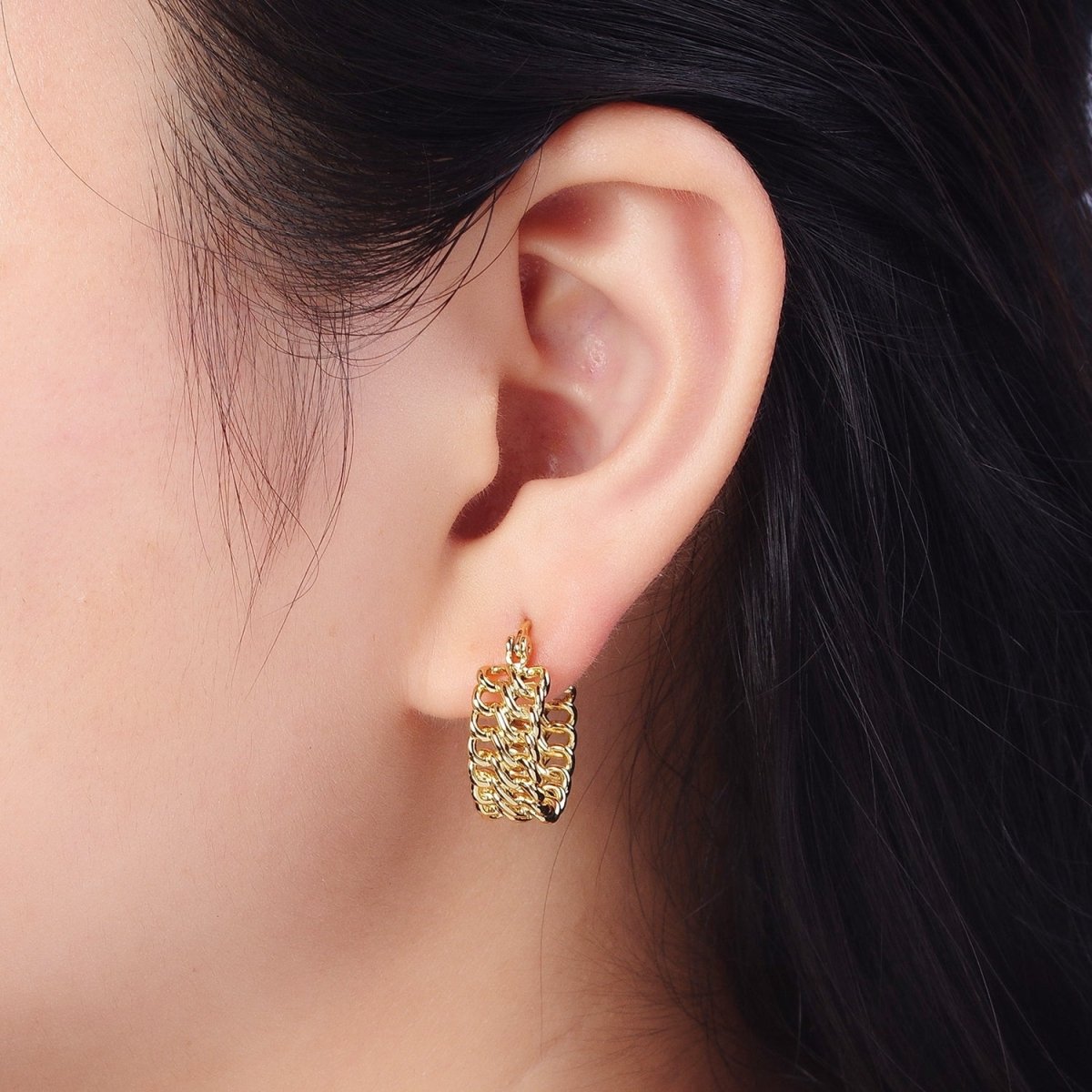 14K Gold Filled Double Curb Chain Link Hoop Statement Earrings | AD-011