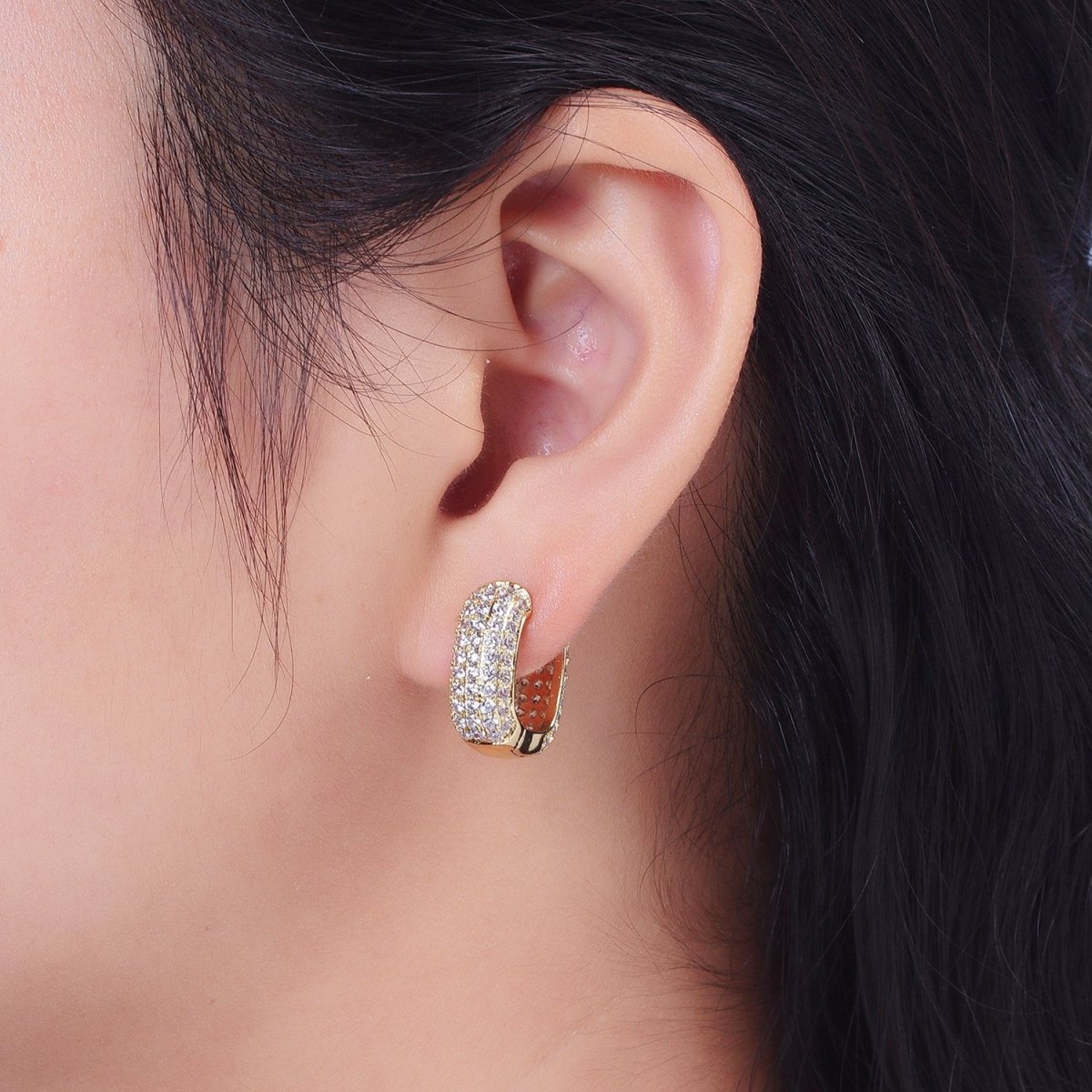 14K Gold Filled Double Sided Micro Paved CZ Wide Square Huggie Earrings | V-018