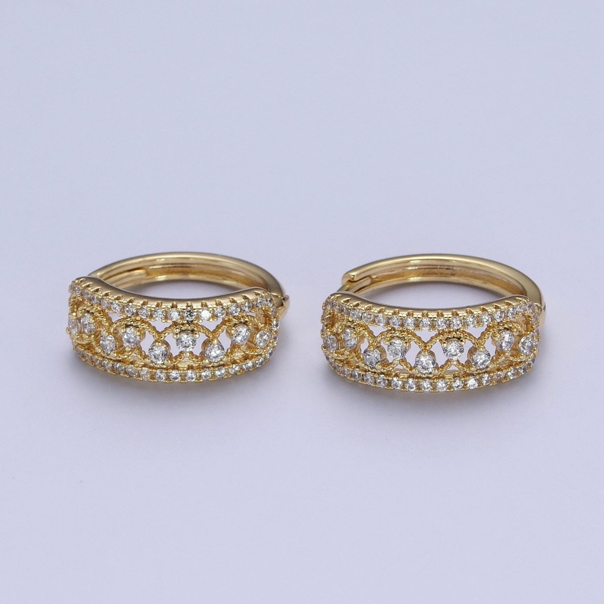 14K Gold Filled Elaborate Micro Paved Cubic Zirconia Wide Huggie Hoop Earrings | AD-560