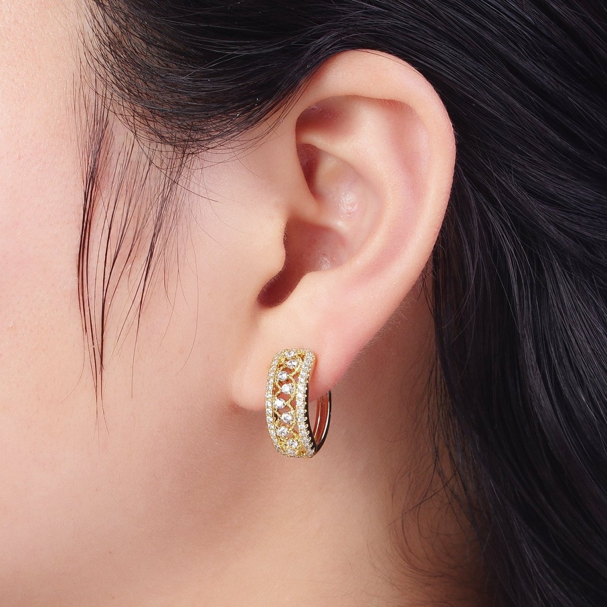 14K Gold Filled Elaborate Micro Paved Cubic Zirconia Wide Huggie Hoop Earrings | AD-560