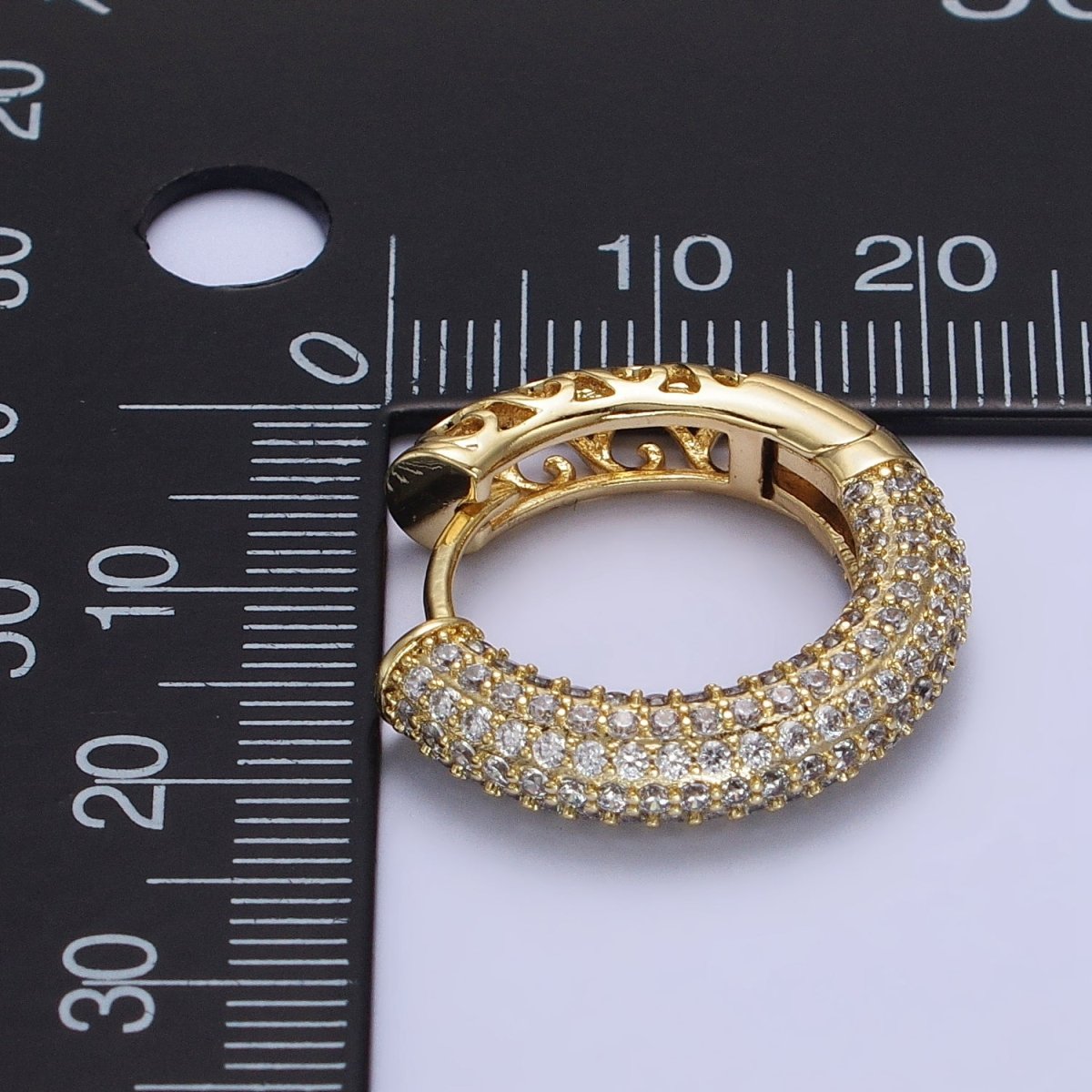 14K Gold Filled Filigree Micro Paved CZ 15mm Huggie Hoop Earrings | AB1528