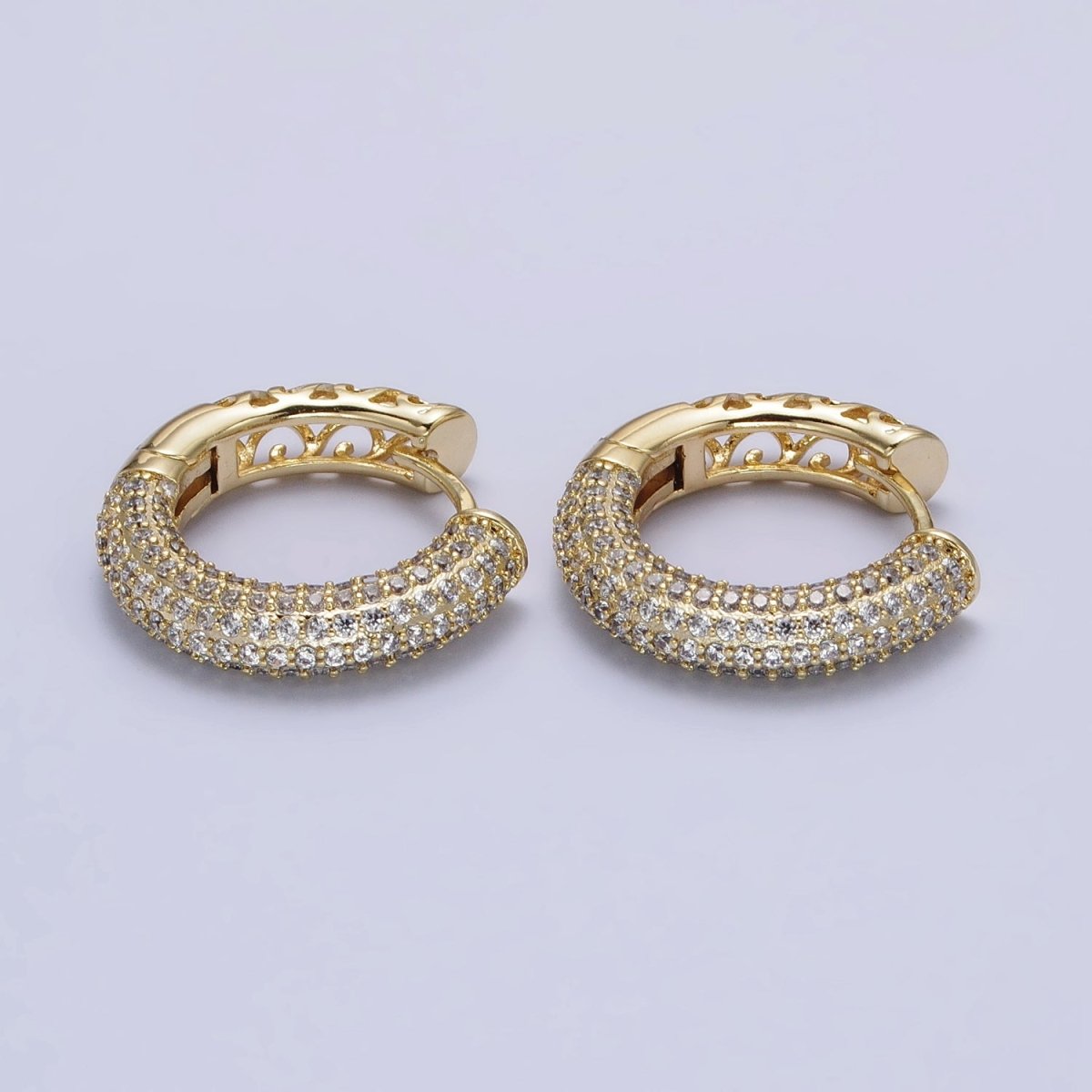 14K Gold Filled Filigree Micro Paved CZ 15mm Huggie Hoop Earrings | AB1528