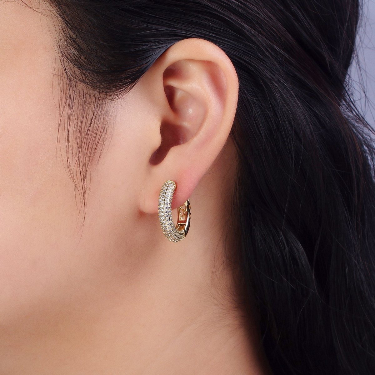 14K Gold Filled Filigree Micro Paved CZ 15mm Huggie Hoop Earrings | AB1528