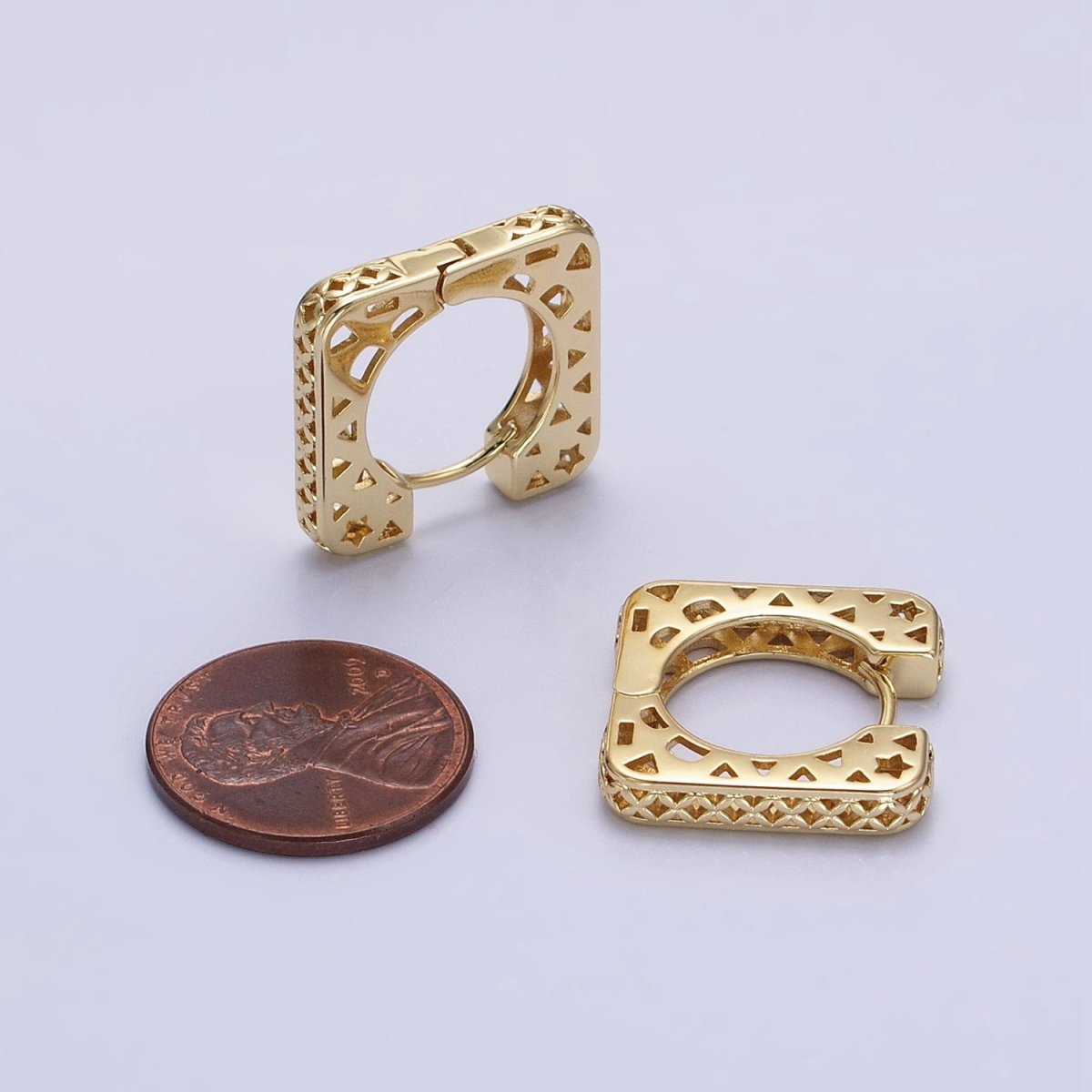14K Gold Filled Filigree Star Thin Square Huggie Hoop Earrings | AB1526