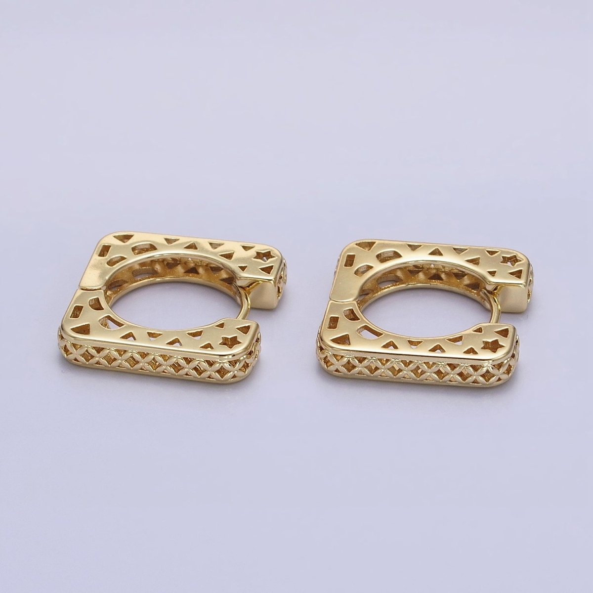 14K Gold Filled Filigree Star Thin Square Huggie Hoop Earrings | AB1526