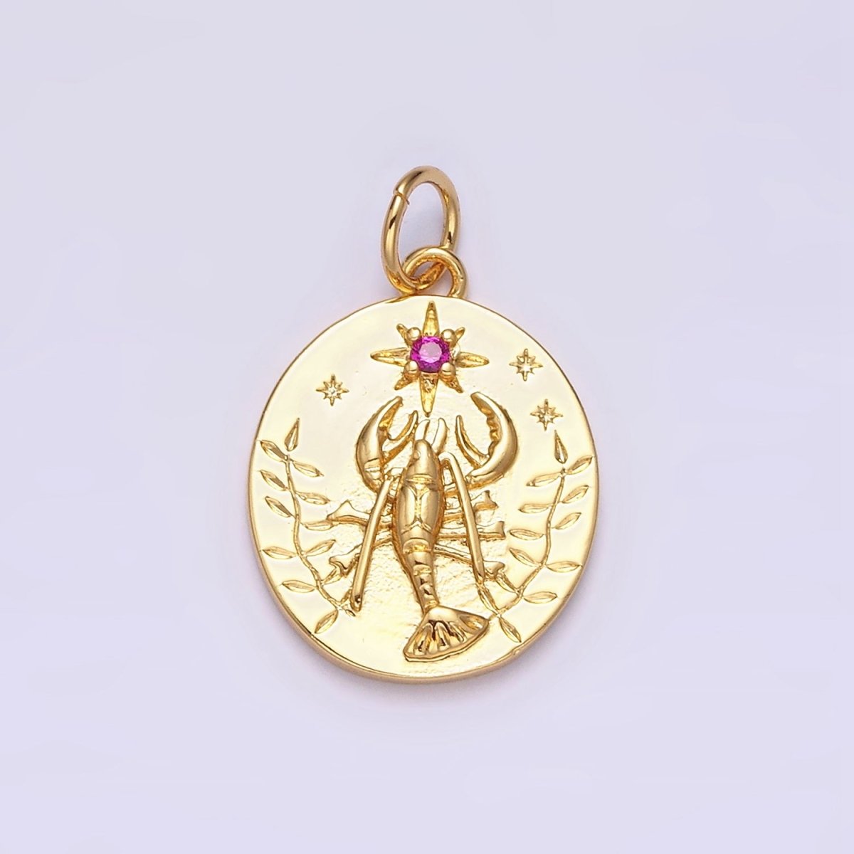 14K Gold Filled Fuchsia CZ North Star Lobster Kelp Ocean Oval Charm | AC1155