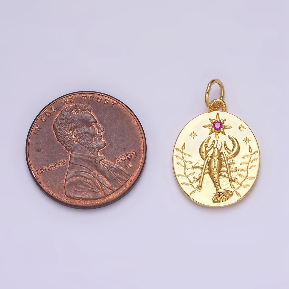 14K Gold Filled Fuchsia CZ North Star Lobster Kelp Ocean Oval Charm | AC1155