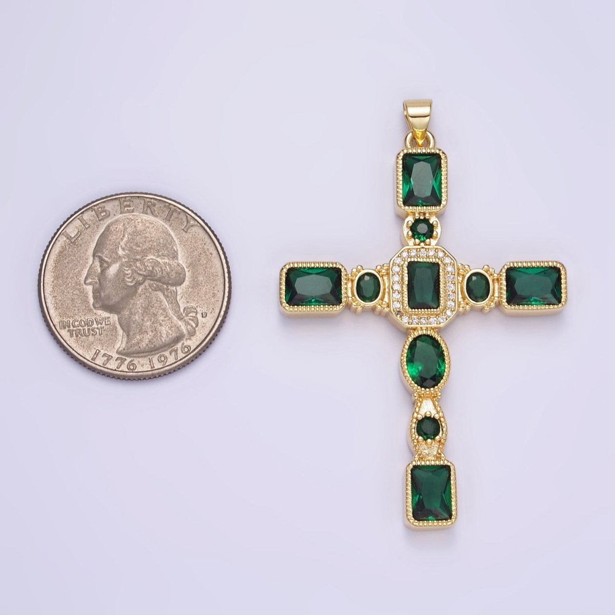 14K Gold Filled Green Baguette CZ Micro Paved Geometric Cross Pendant | H380