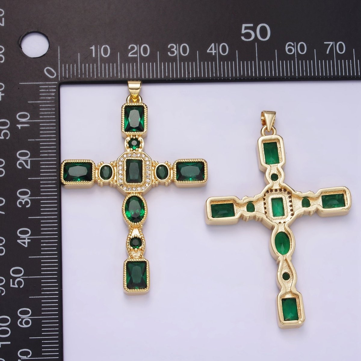 14K Gold Filled Green Baguette CZ Micro Paved Geometric Cross Pendant | H380