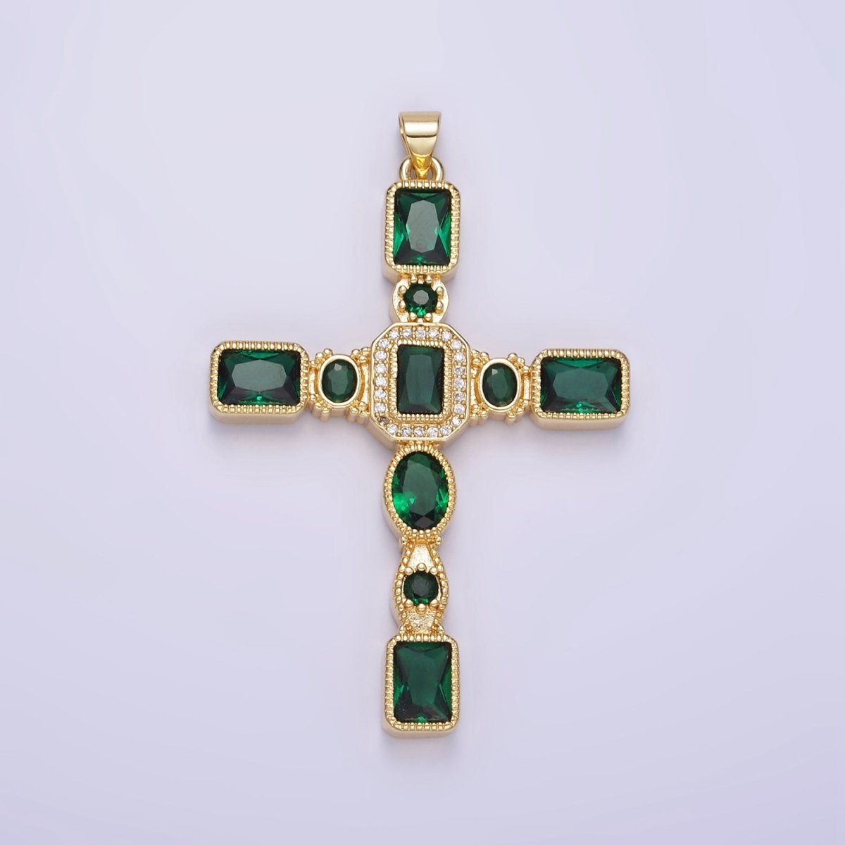 14K Gold Filled Green Baguette CZ Micro Paved Geometric Cross Pendant | H380