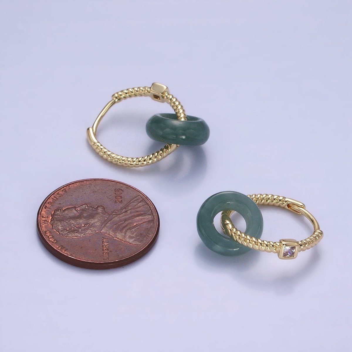 14K Gold Filled Green Jade Donut Drop CZ Croissant Huggie Hoop Earrings | AE517