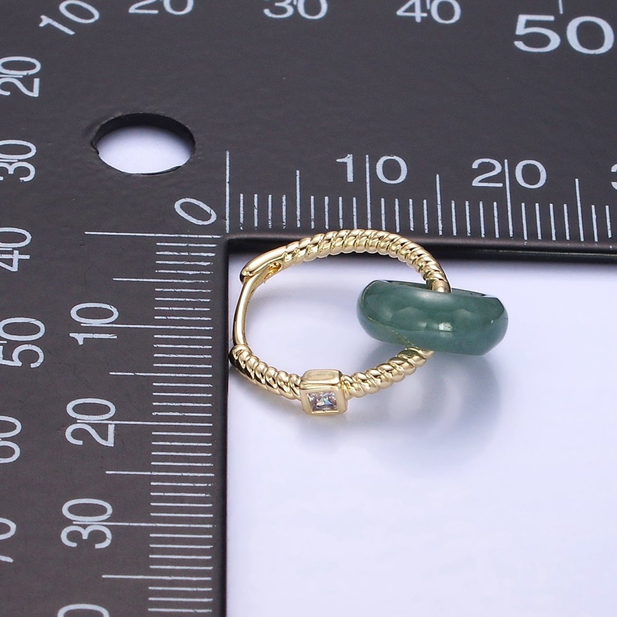 14K Gold Filled Green Jade Donut Drop CZ Croissant Huggie Hoop Earrings | AE517