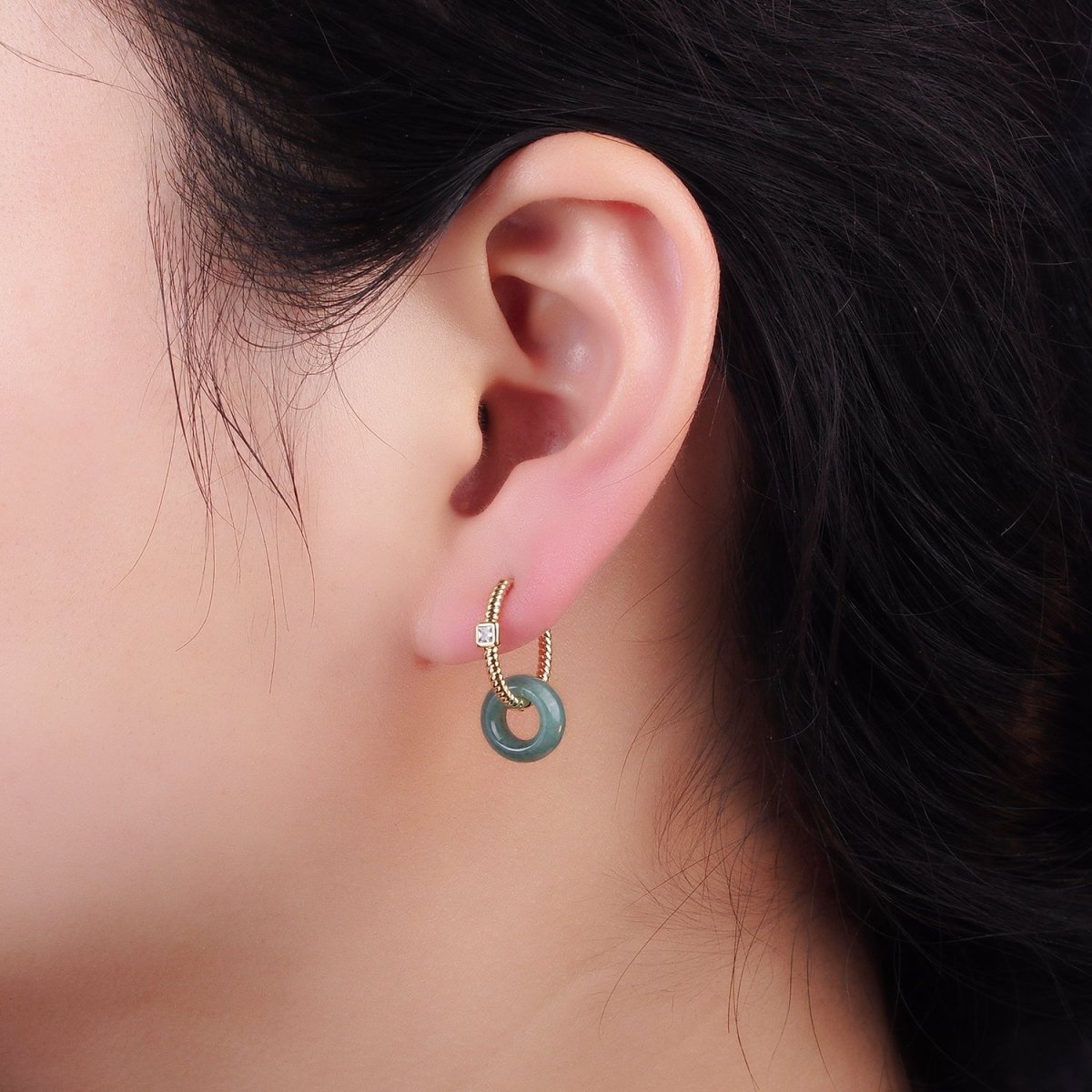 14K Gold Filled Green Jade Donut Drop CZ Croissant Huggie Hoop Earrings | AE517