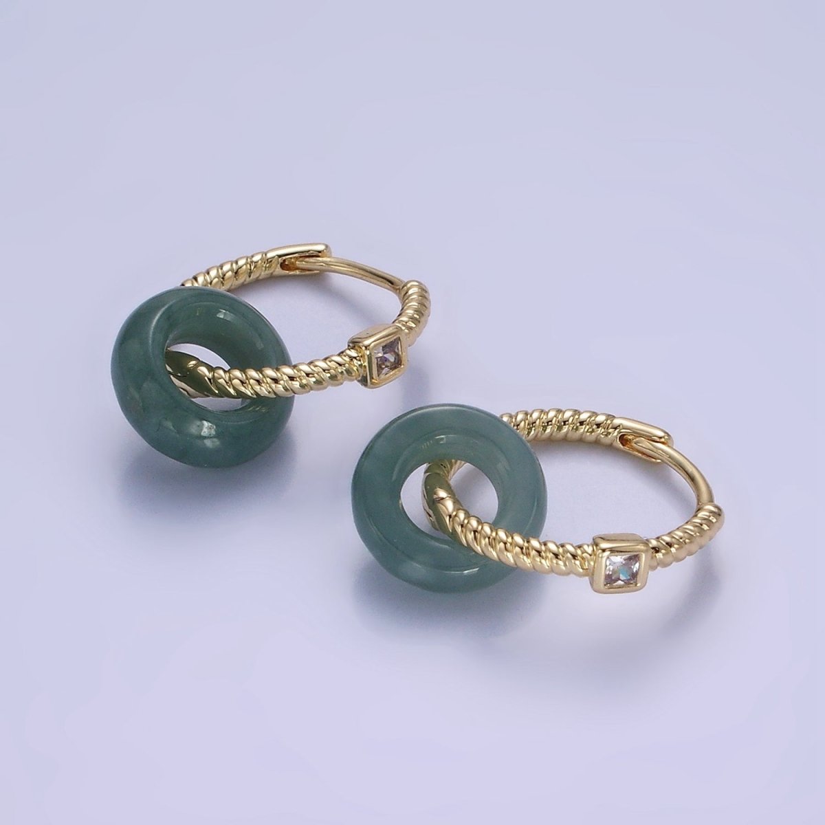 14K Gold Filled Green Jade Donut Drop CZ Croissant Huggie Hoop Earrings | AE517