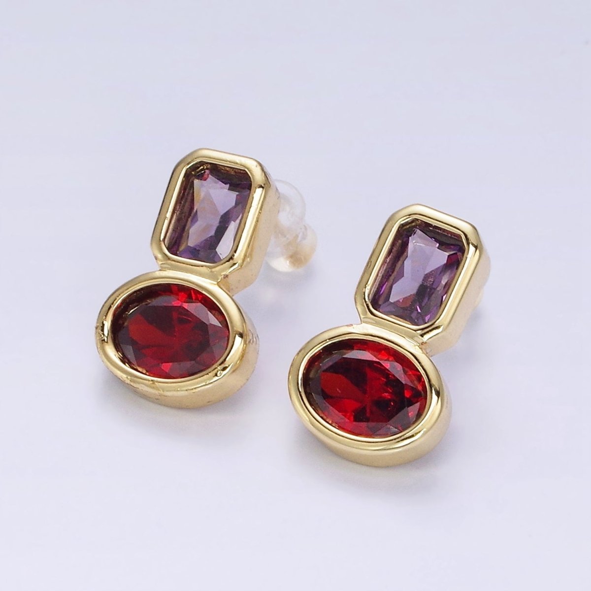 14K Gold Filled Green, Red CZ Oval Geometric Purple Baguette Stud Earrings | AD-446 AD-447
