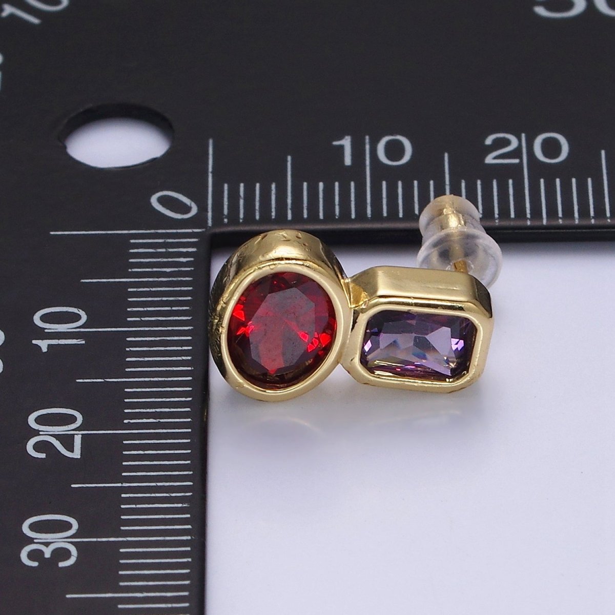 14K Gold Filled Green, Red CZ Oval Geometric Purple Baguette Stud Earrings | AD-446 AD-447