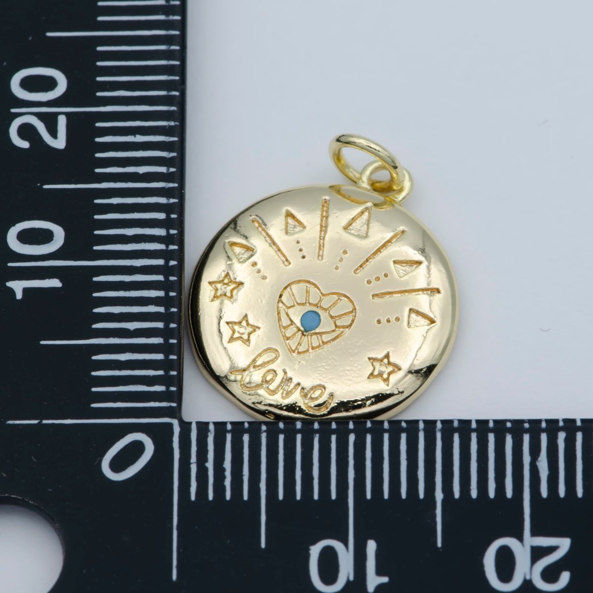 14k Gold FIlled Heart Charm - Love Amulet medallion - Coin Disc charm - Blue Evil Eye pendant for Necklace Bracelet Earring Charm M-358