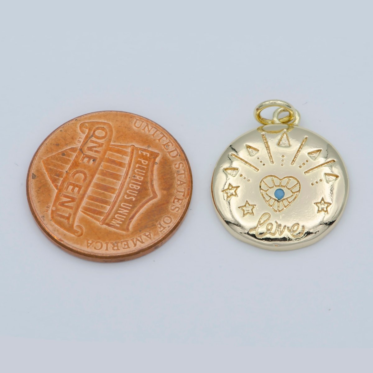 14k Gold FIlled Heart Charm - Love Amulet medallion - Coin Disc charm - Blue Evil Eye pendant for Necklace Bracelet Earring Charm M-358