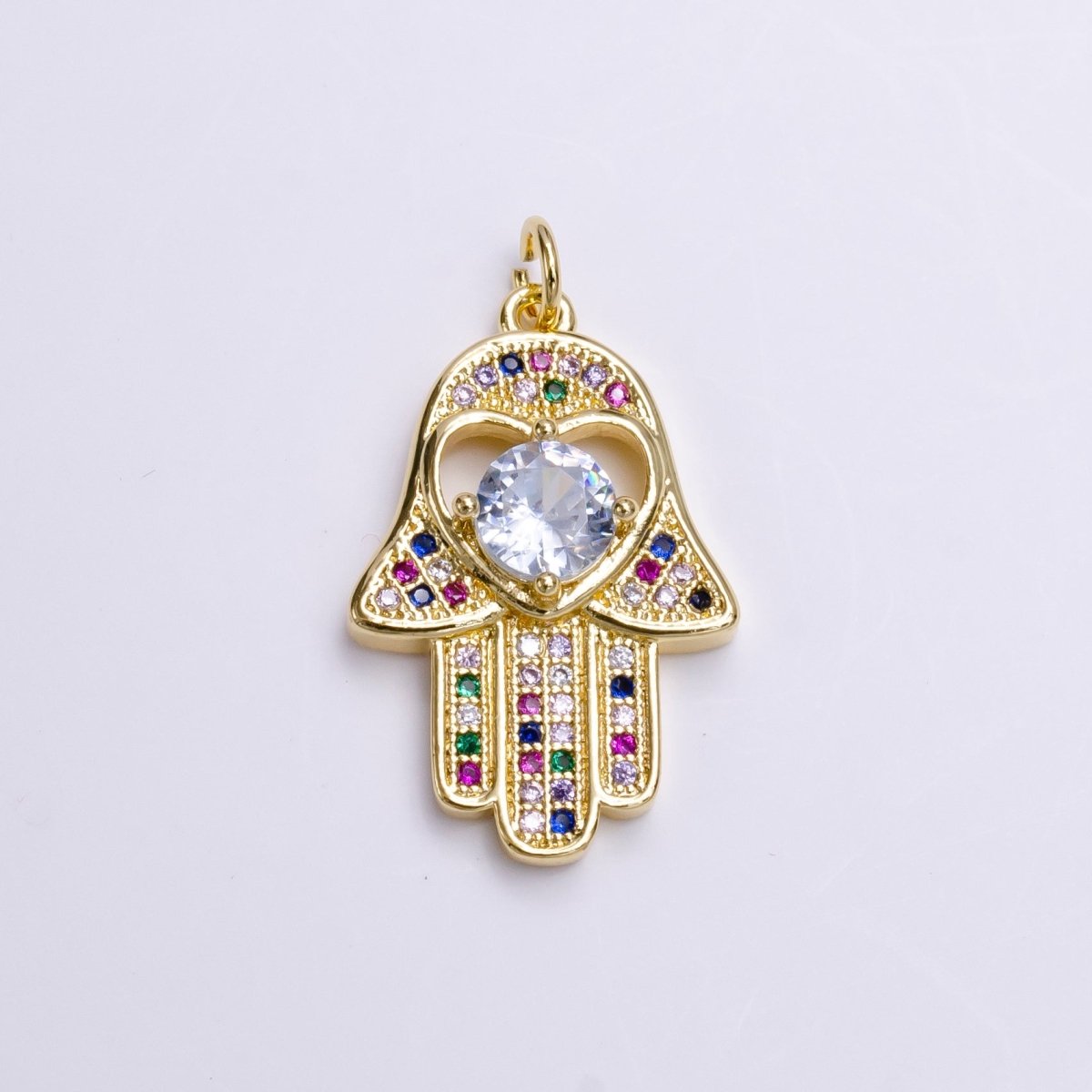 14K Gold Filled Heart Hamsa Hand Multicolor Micro Paved CZ Charm | AC1415