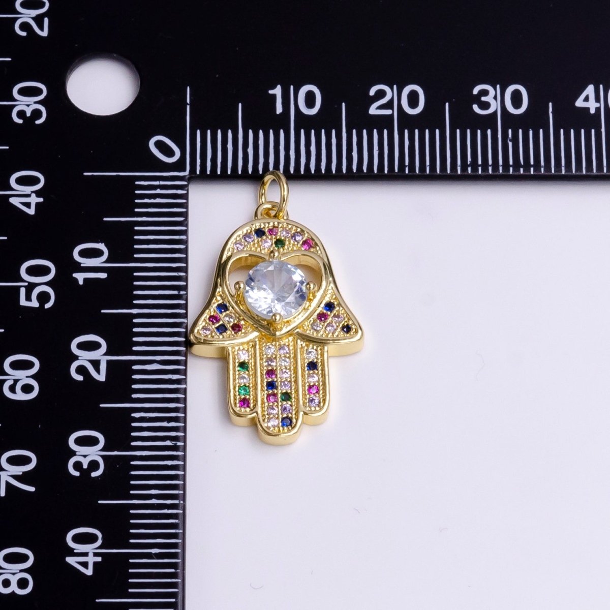 14K Gold Filled Heart Hamsa Hand Multicolor Micro Paved CZ Charm | AC1415