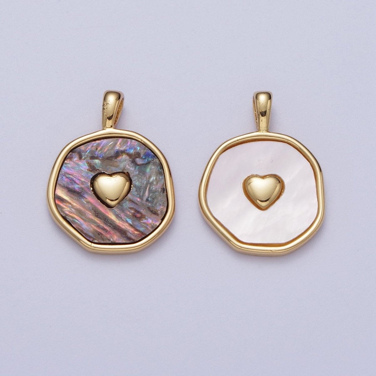 14K Gold Filled Heart Love Shell Pearl, Abalone Round Pendant I-546