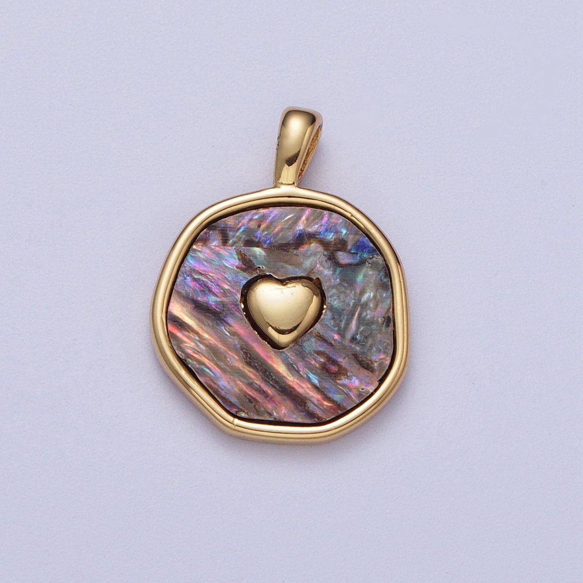 14K Gold Filled Heart Love Shell Pearl, Abalone Round Pendant I-546