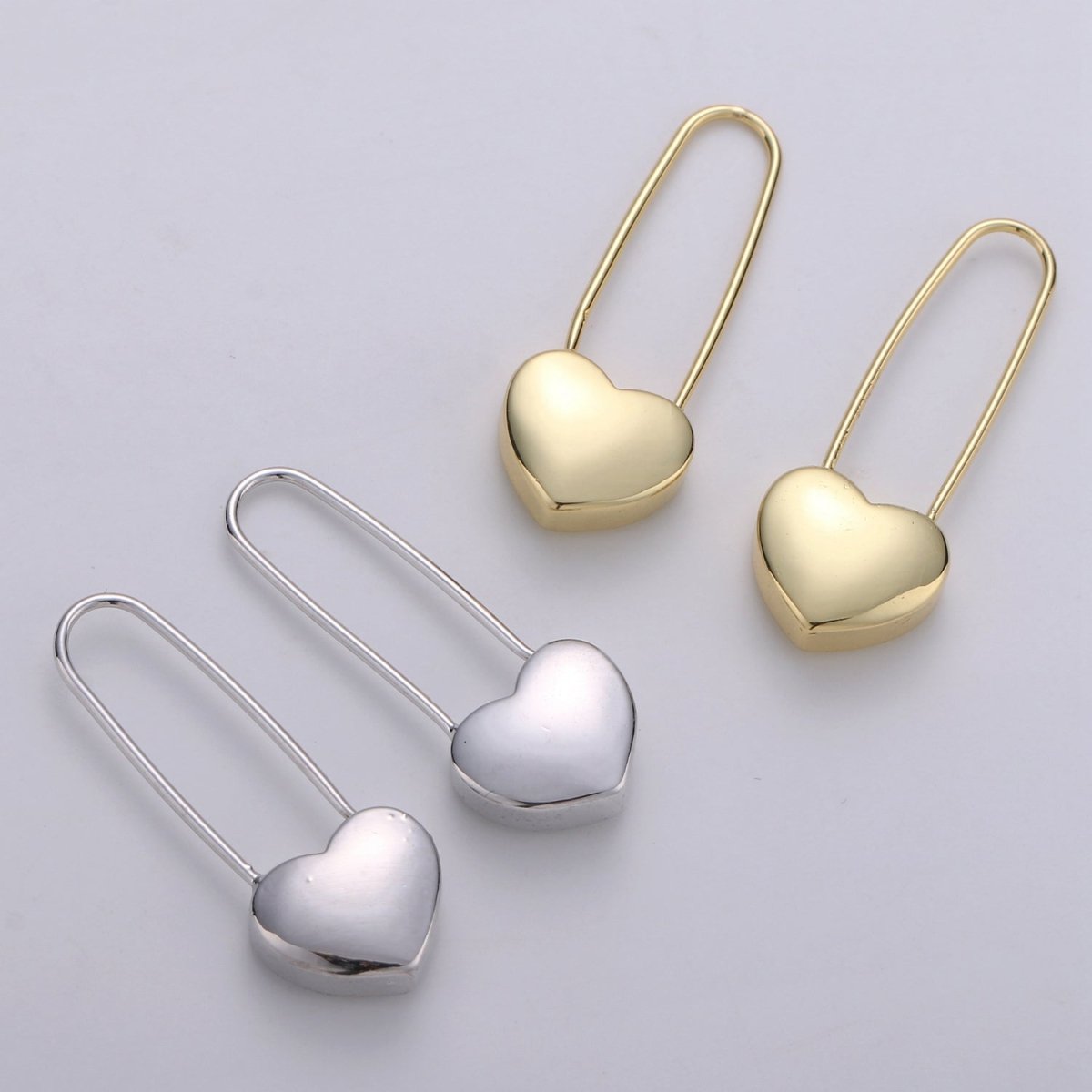 14K Gold Filled Heart Safety Pin Drop Earrings in Gold & Silver Q-151 Q-152