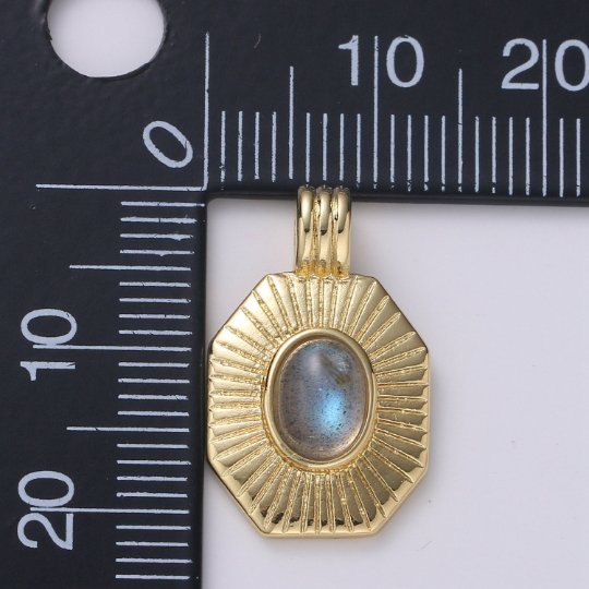 14k Gold Filled Labradorite Charm Octagon Sunburst Medallion H-290