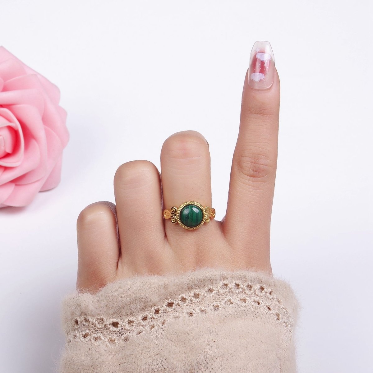 14K Gold Filled Malachite Croissant Bezel Artisan Ring | O1342