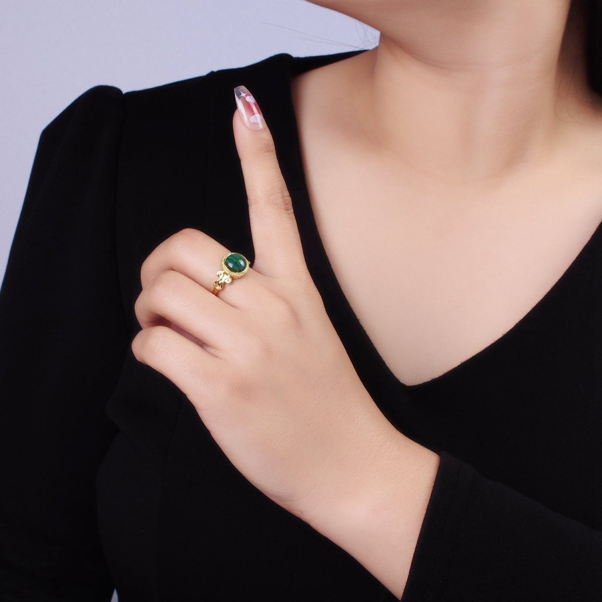 14K Gold Filled Malachite Croissant Bezel Artisan Ring | O1342