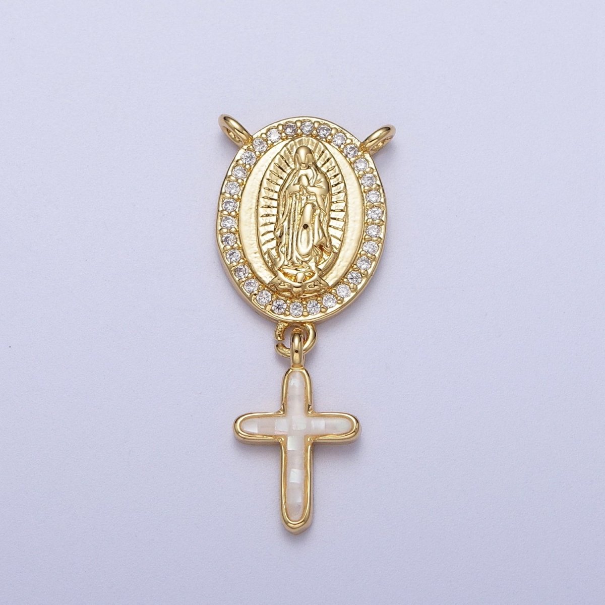 14K Gold Filled Micro Paved Lady Guadalupe Religious Cross Opal Drop Rosary Connector | Y-00630~Y-00634