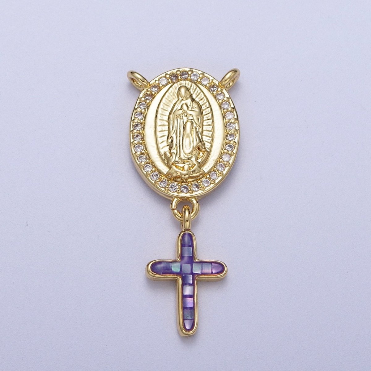 14K Gold Filled Micro Paved Lady Guadalupe Religious Cross Opal Drop Rosary Connector | Y-00630~Y-00634