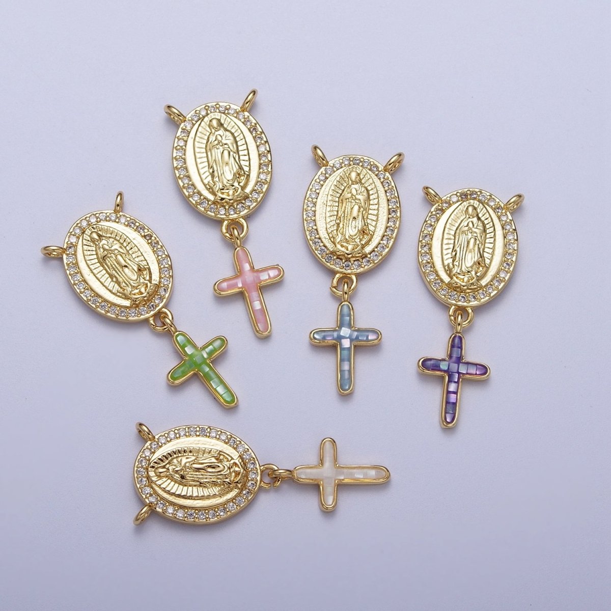 14K Gold Filled Micro Paved Lady Guadalupe Religious Cross Opal Drop Rosary Connector | Y-00630~Y-00634