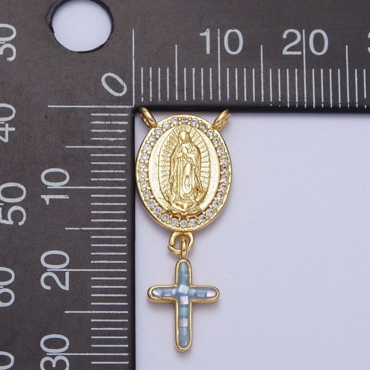 14K Gold Filled Micro Paved Lady Guadalupe Religious Cross Opal Drop Rosary Connector | Y-00630~Y-00634