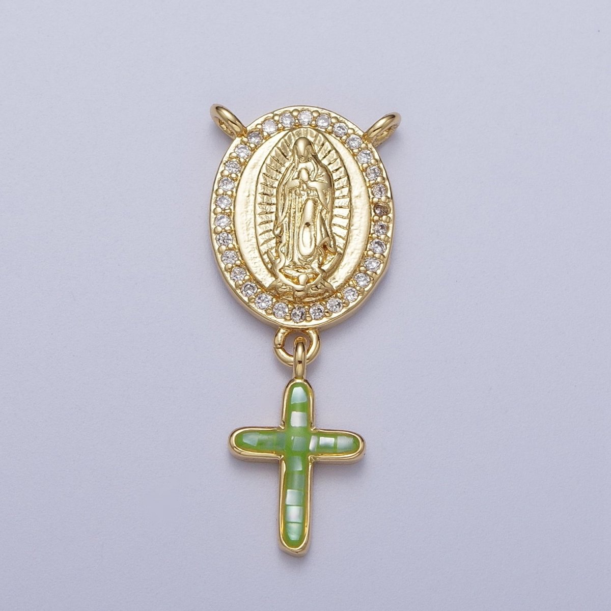 14K Gold Filled Micro Paved Lady Guadalupe Religious Cross Opal Drop Rosary Connector | Y-00630~Y-00634